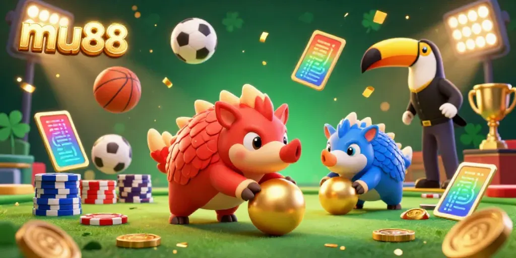 Engage in dynamic gaming action with mu88 as rival pangolins roll through poker chips, immersed in golden confetti.