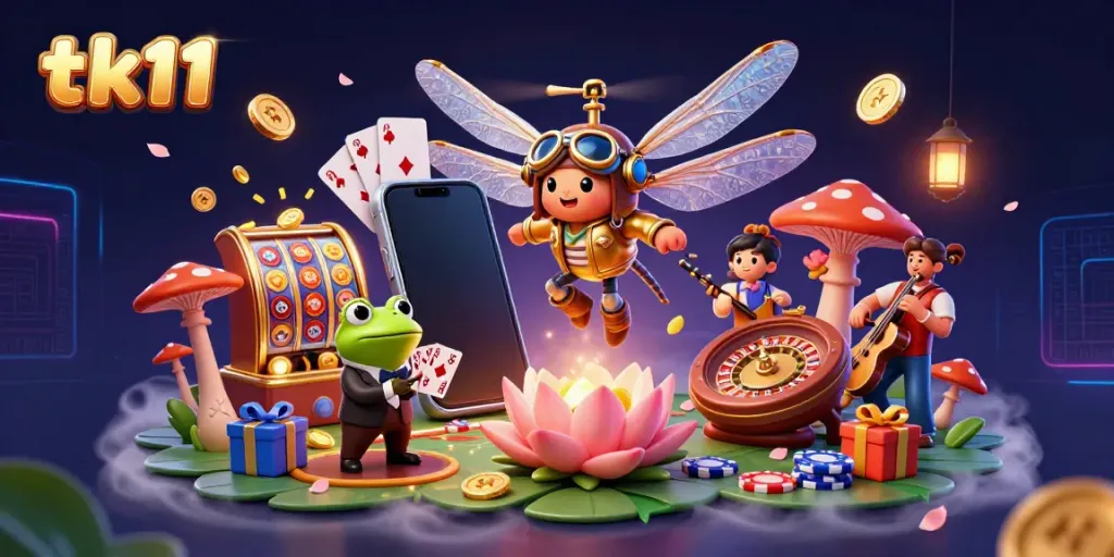 Engage in the festive atmosphere of tk11 at a lily pad casino with vibrant characters and gambling action.