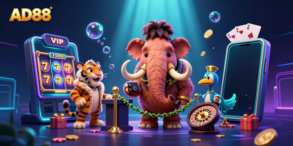 Experience AD88's vibrant casino scene with a woolly mammoth bouncer, saber-toothed tiger guest, and dynamic slot games.