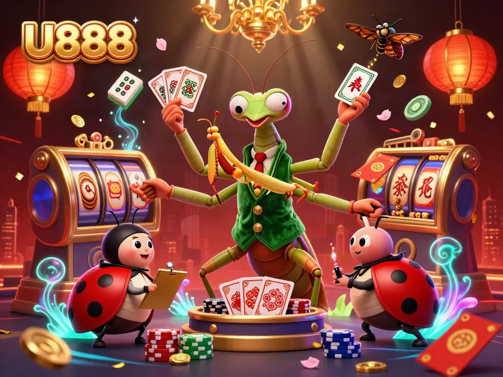 Engage in the thrilling atmosphere of U888 with a vibrant 3D scene featuring a giant praying mantis dealer managing a dynamic casino.