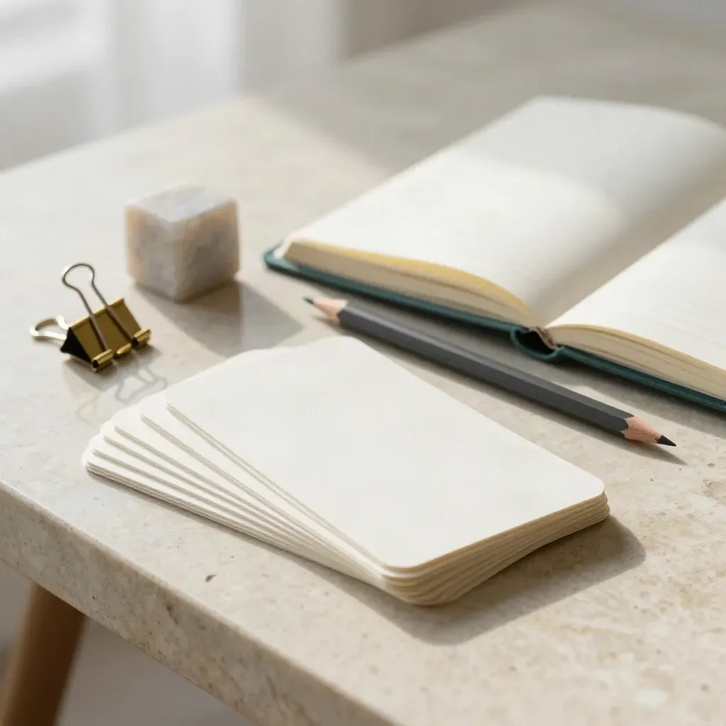 Flash cards, planner, pencil, brass clips and stone paperweight on limestone in soft post-rain light