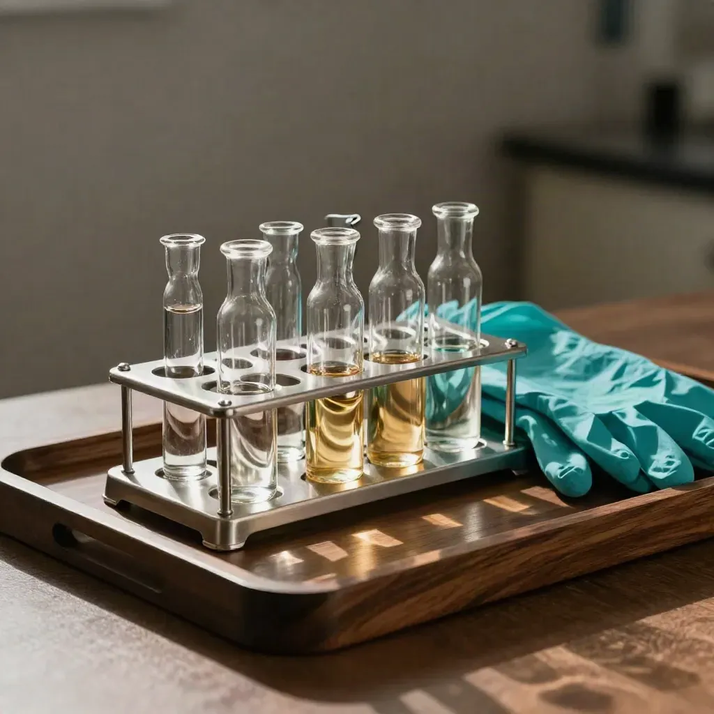 Lab sample rack with capped vials and folded gloves on a walnut tray in dramatic studio light