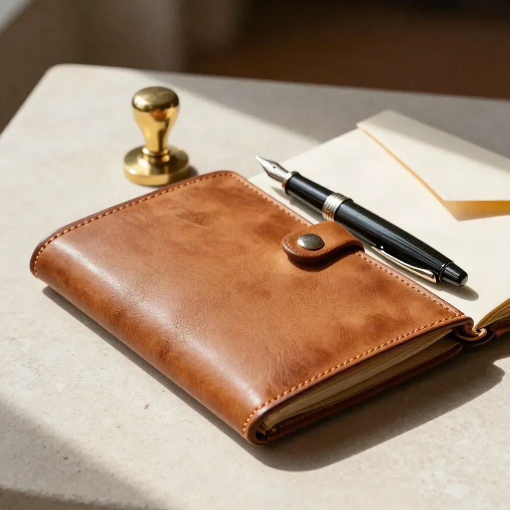 Leather interview folio, brass seal stamp, pen and envelope on pale stone in warm amber light.