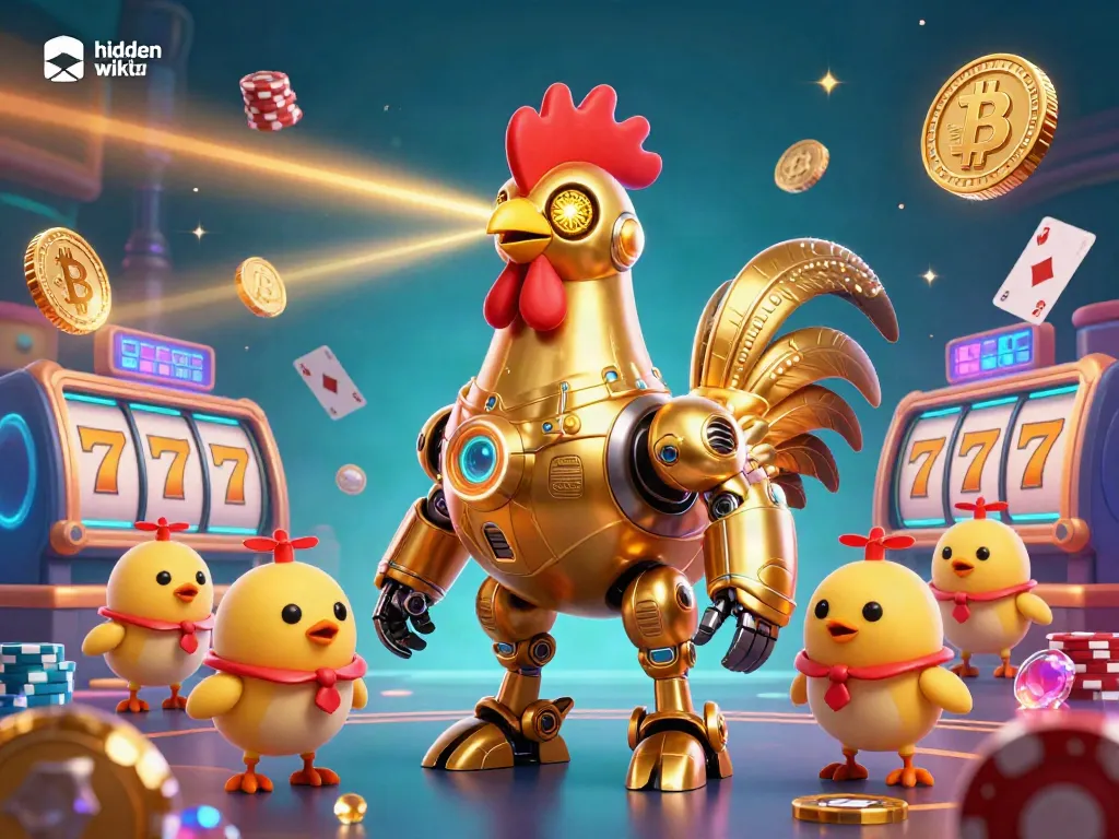 Engage with hidden wiki tor in a colorful 3D robot casino scene filled with Bitcoin and Ethereum coins.