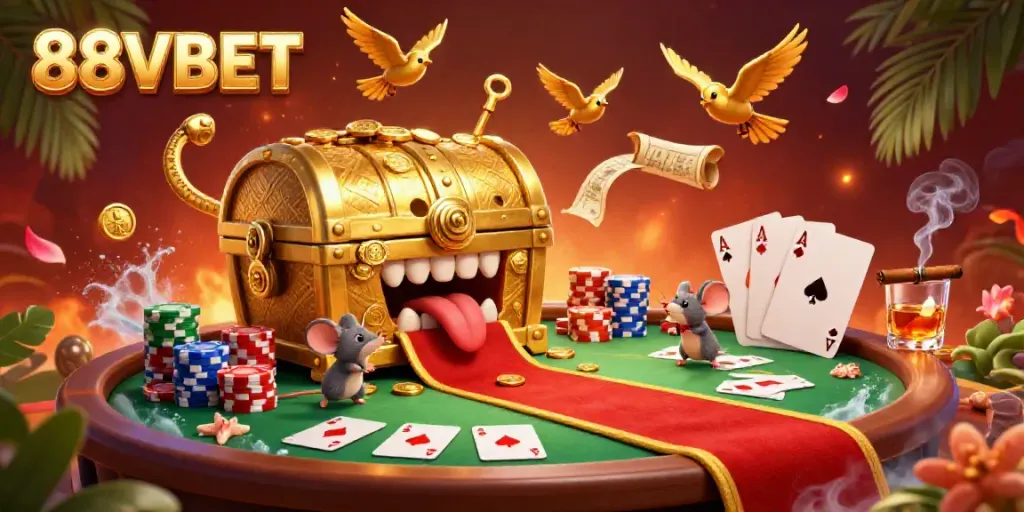 Engaging illustration of 88VBET-themed treasure chest scene attracting adventurer mice with casino elements.
