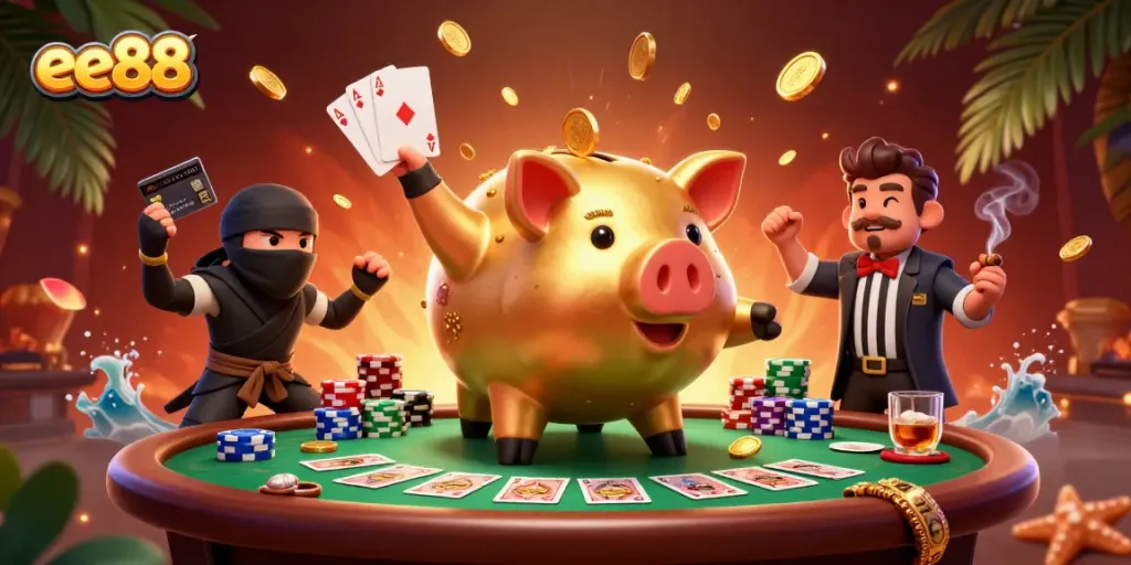Spin the reels with ee88, featuring an enormous golden piggy bank and other lively characters in a vibrant casino scene.