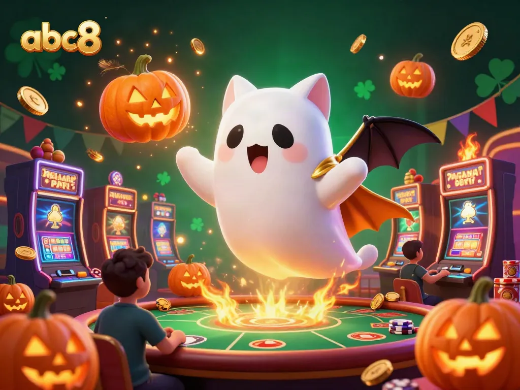 Experience thrilling gameplay at abc8 with a ghost cat and a bat in a lively casino scene.