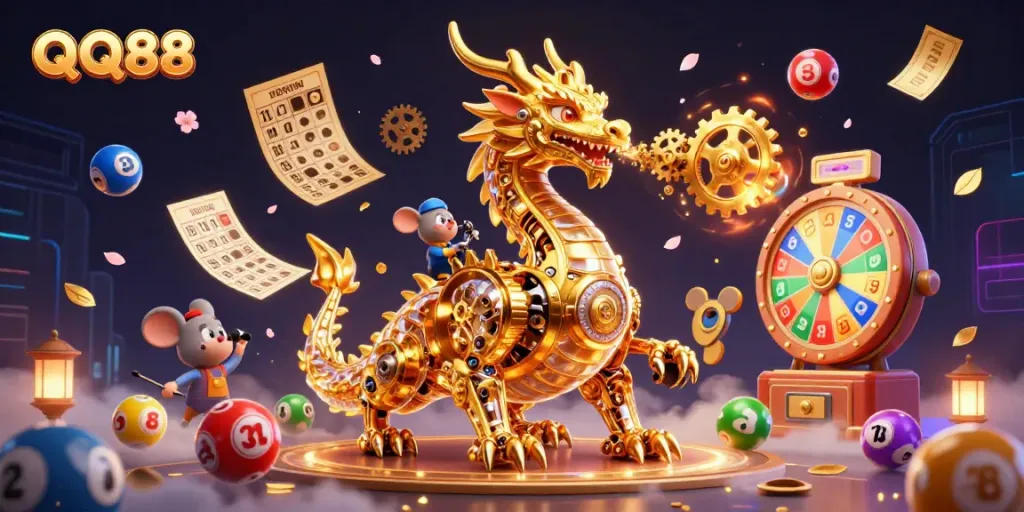 Experience thrilling gameplay with QQ88's vibrant 3D illustration featuring dynamic lottery elements.