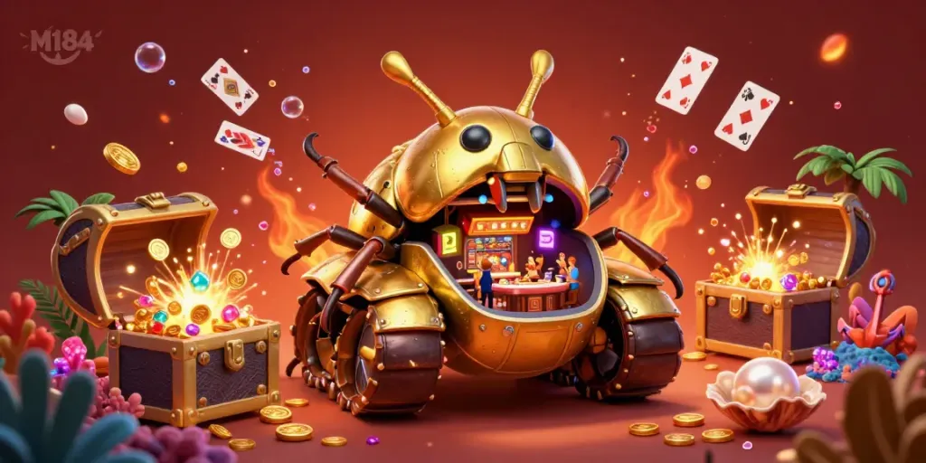 Experience the vibrant M184 underwater casino with golden beetle tank and treasures for thrilling gameplay.