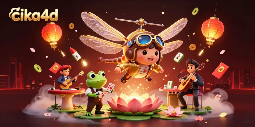 Engage with cika4d while enjoying a lively casino scene featuring floating Mahjong tiles and dynamic characters.