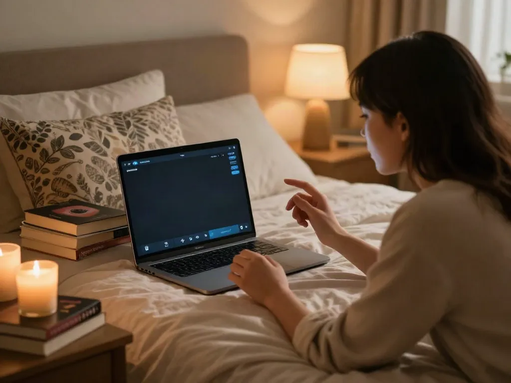 Engaging ai sex chat session on a tablet in a cozy bedroom setting.