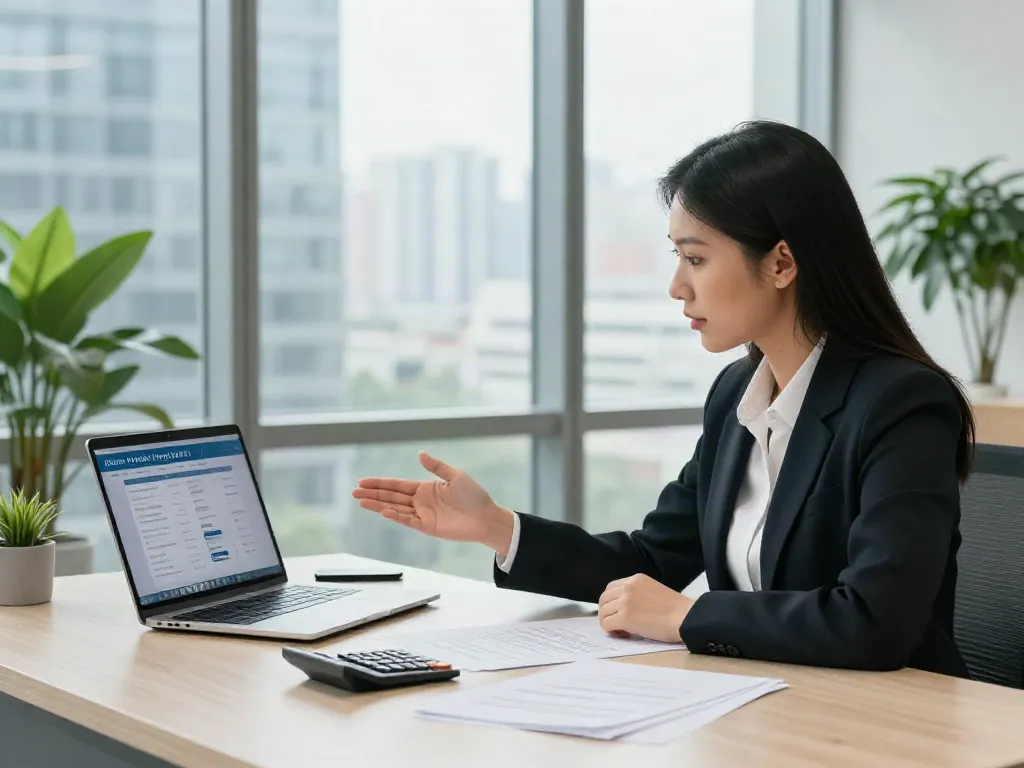 Professional woman advising on payday loans at https://calgary.paydayloans-on.ca in a modern office.