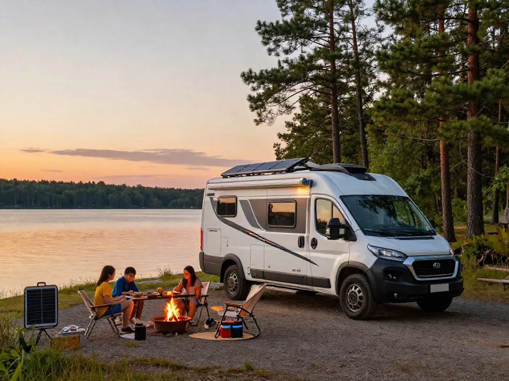 Lithium batteries for RV powering outdoor solar setup at a lakeside camp.