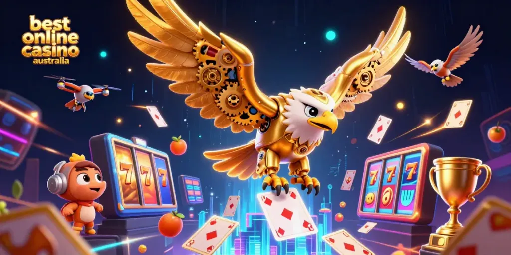 A 3D golden eagle and falcon wingmen soaring through a dynamic casino scene, emphasizing the best online casino Australia experience.