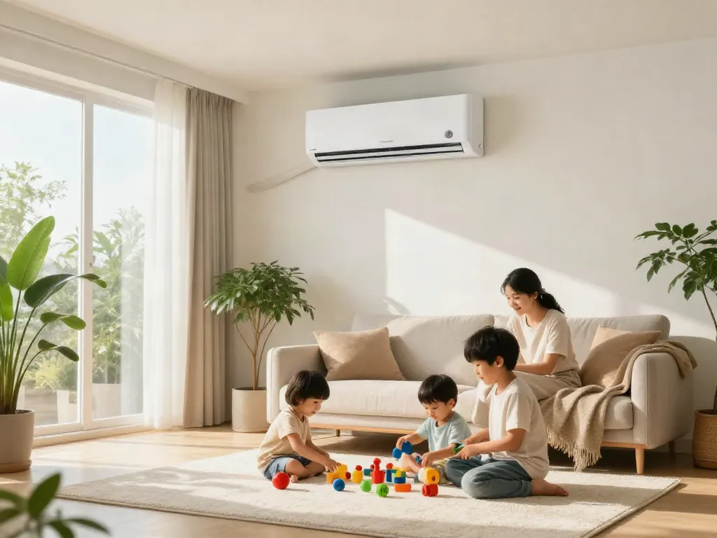Cozy living room with a mini split ac unit, family enjoying warm sunlight together.