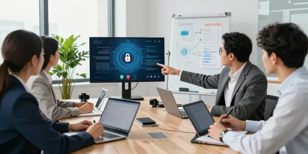 Deepfake-protected meetings with diverse professionals in a modern conference room tackling cybersecurity.
