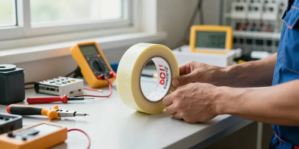 Electrician using Link Super33 tape in a well-lit workspace with tools.
