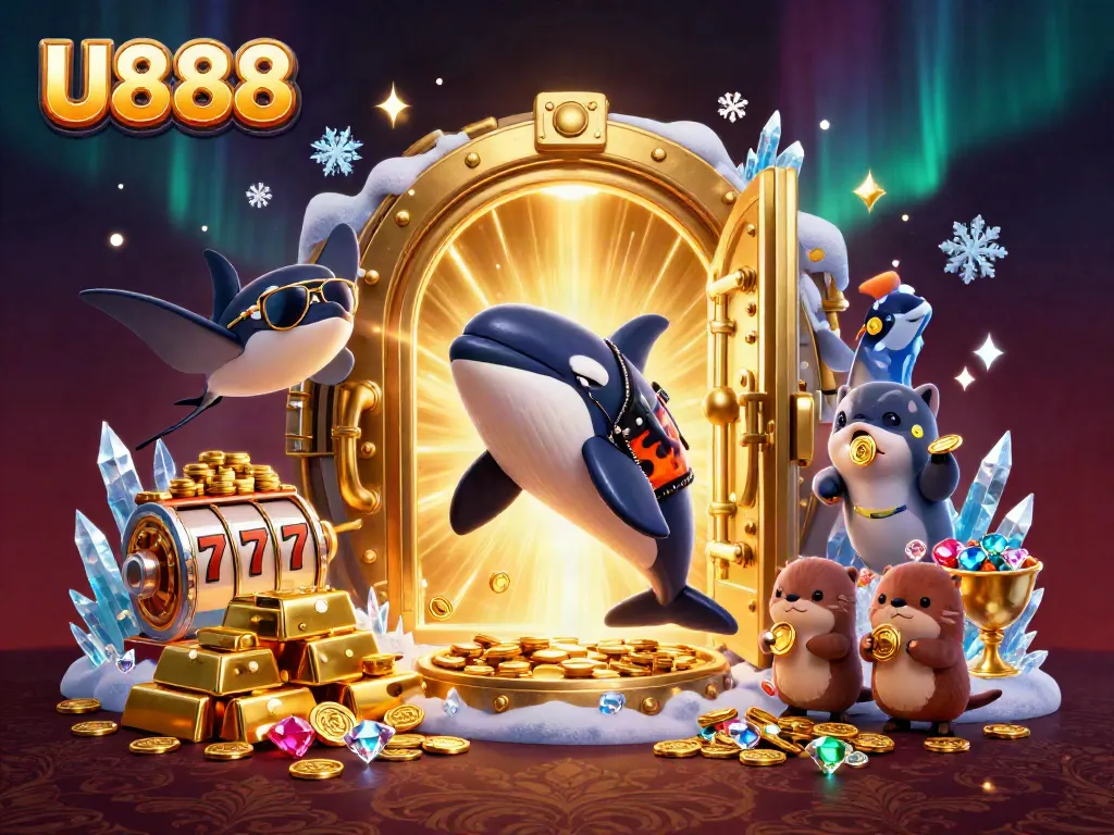 Experience the excitement of U888 with an orca whale and otters in a vibrant casino scene