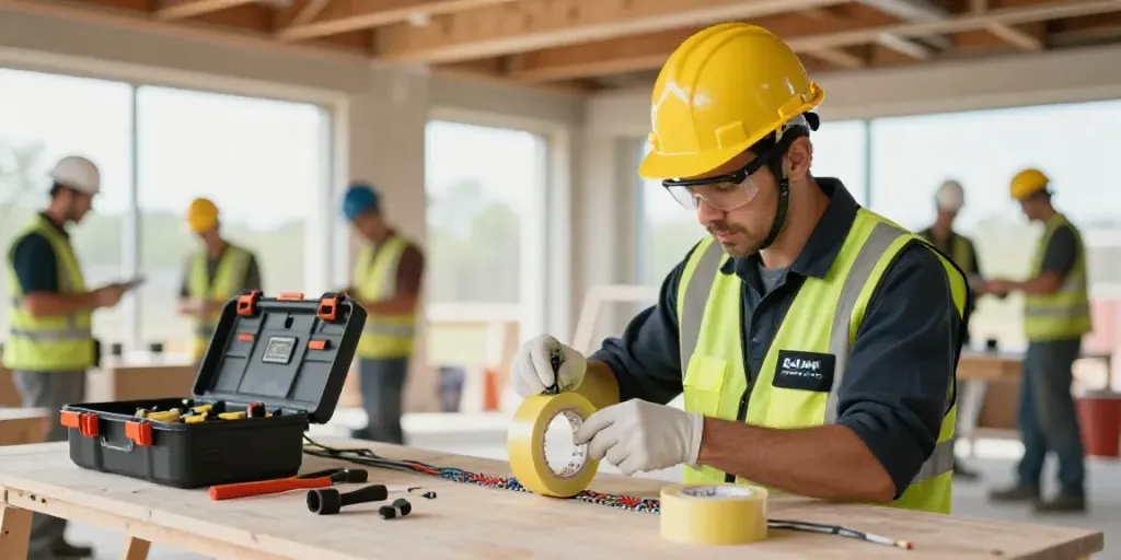 Technician using Link Super33 electrical tape on wiring in a busy workspace.