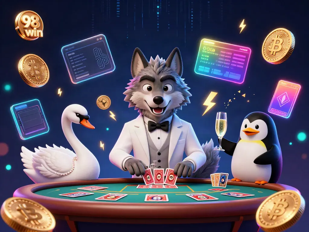 Engage with the vibrant world of 98 win, featuring a debonair wolf, elegant swan, and penguin sommelier in a dazzling casino setup.