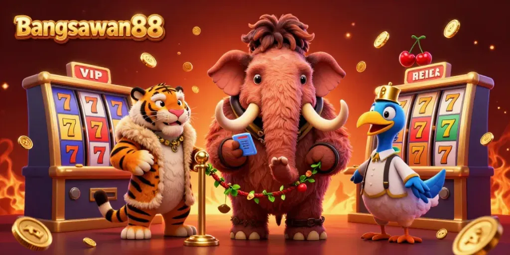 Engage with the thrill of Bangsawan88 as a mammoth bouncer welcomes VIP players in a lively casino scene.