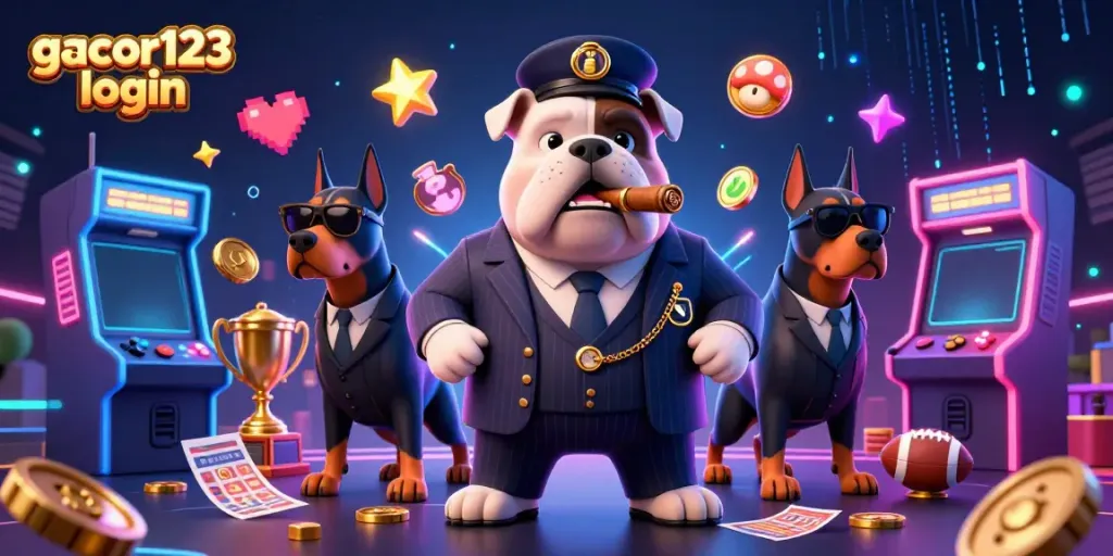 Experience thrilling bets with gacor123 login in a vibrant casino scene featuring a mafia bulldog and Doberman bodyguards.