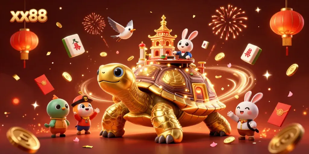 Experience the vibrant energy of xx88 with a whimsical casino scene featuring a golden tortoise.