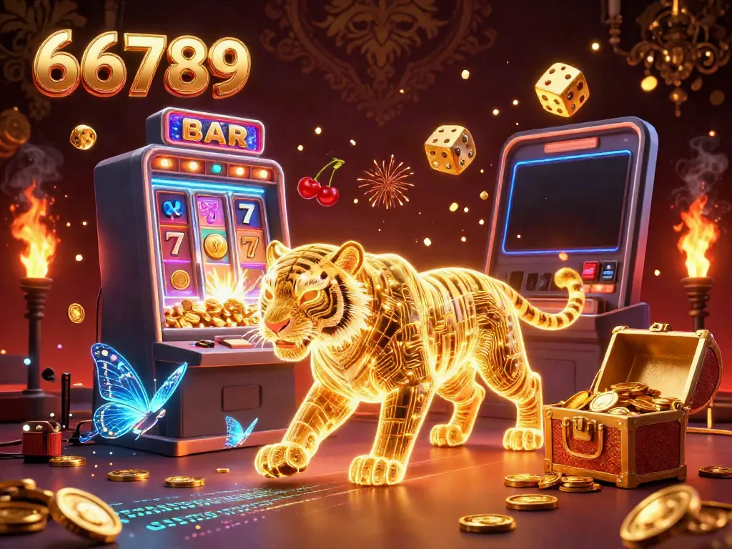 Engage with 66789's vibrant casino scene featuring a luminous golden tiger and dynamic slot machines.