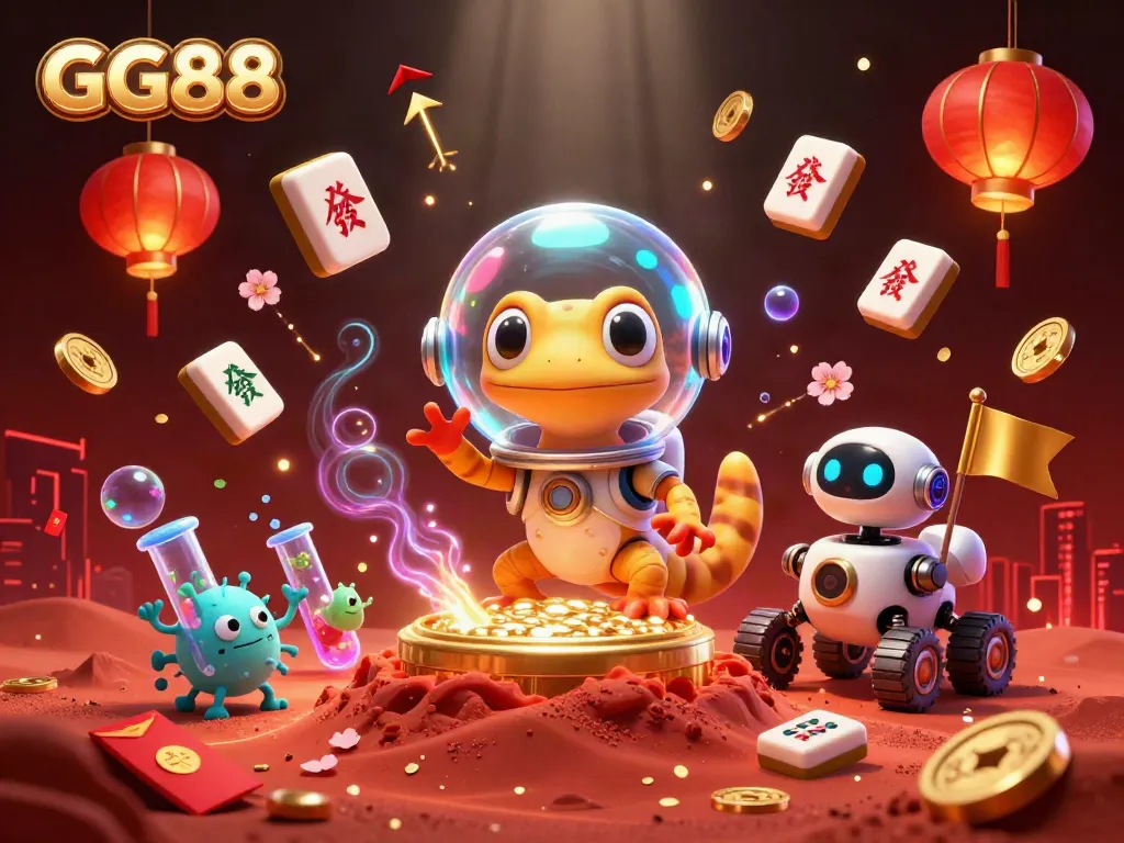 GG88 offers a vibrant 3D casino scene with a Martian gecko and robot celebrating a jackpot.