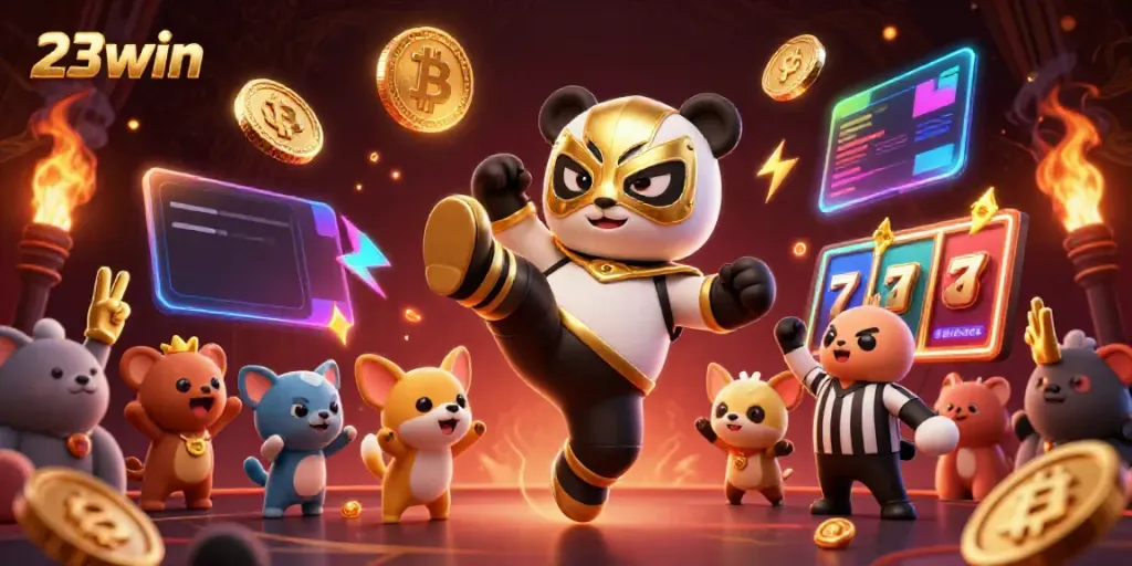 Experience thrilling gaming with 23win as a panda wrestler delivers an epic kick!