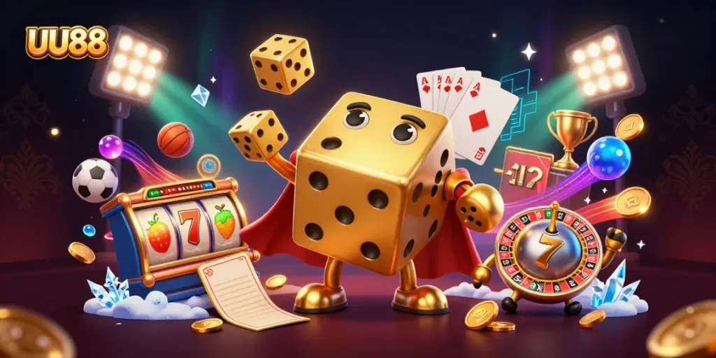 UU88 showcases a dynamic scene with a golden dice golem and casino-themed elements for a vibrant gaming atmosphere.