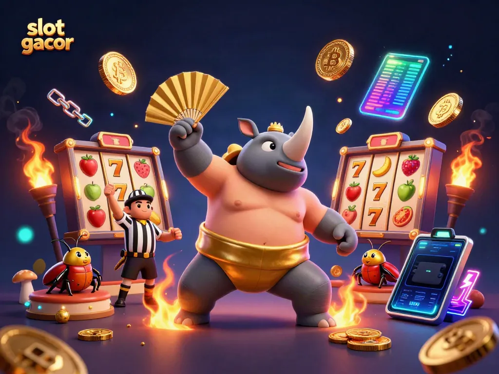 Experience thrilling gameplay with slot gacor featuring a sumo beetle champion and flying coins.