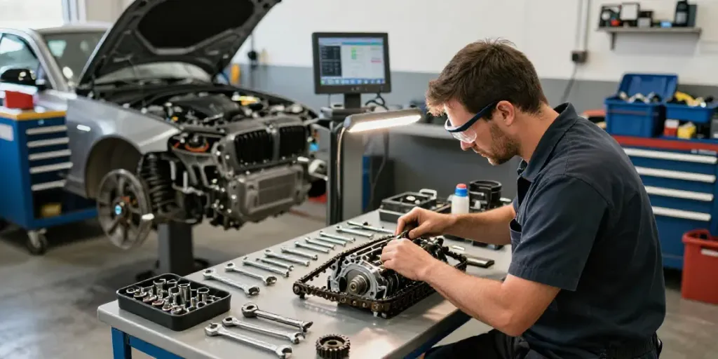BMW Steuerkette Hannover technician replacing timing chain in an automotive workshop