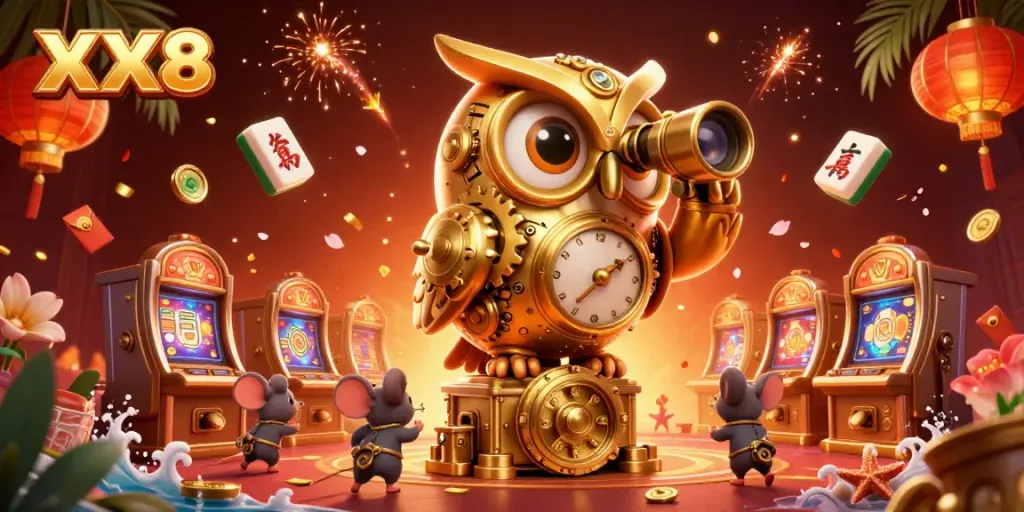 Experience the thrill of winning at XX8 with a captivating scene of a golden owl surveying a vibrant casino floor.