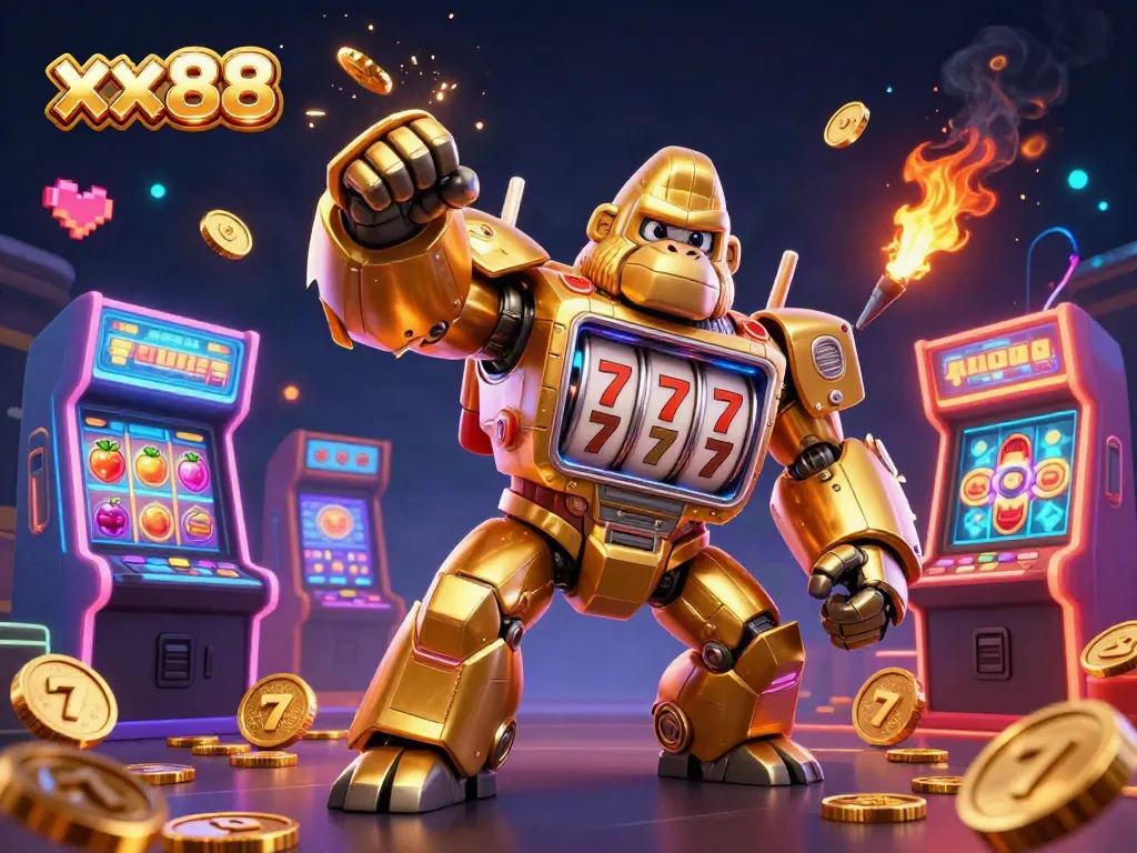 Win big with the dynamic xx88 golden gorilla mech illustration amid vibrant casino elements.
