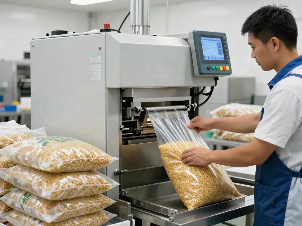Efficient open mouth bag filling machine in operation, highlighting agricultural product packaging.