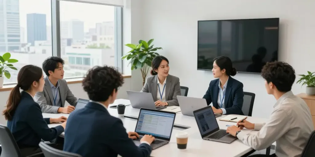 Team collaborating in a modern office space with digital displays and natural light.