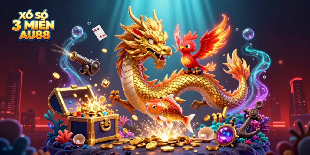 Play and win with XỔ SỐ 3 MIỀN AU88 in this vibrant, 3D casino-themed illustration.