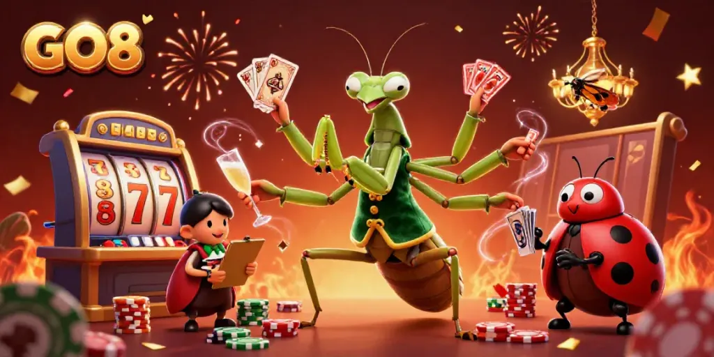 GO8 showcases a vibrant 3D scene with a giant praying mantis and ladybug engaging in exciting casino action.