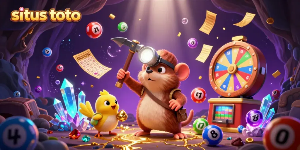 Engage with situs toto's exciting gaming world, featuring a cartoon mole and vibrant lottery elements.