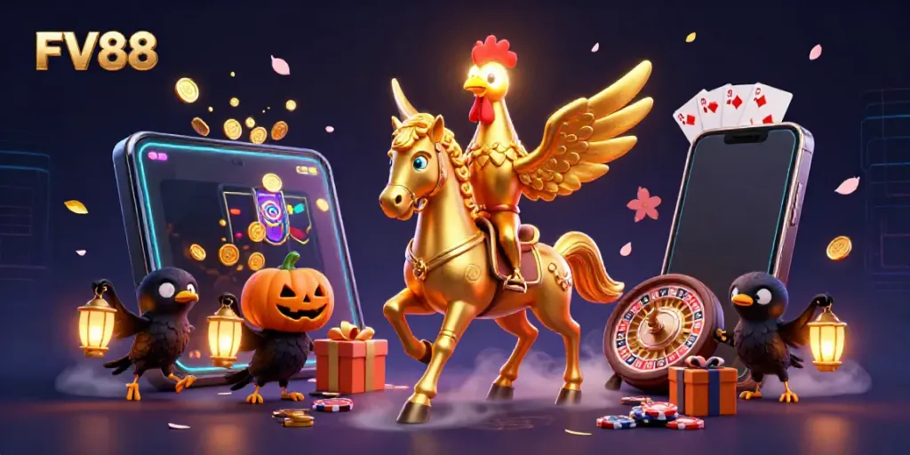 Experience vibrant action at FV88 with golden rooster and thrilling casino symbols