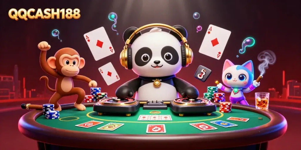 Experience thrill with QQCASH188 through engaging poker action featuring dynamic characters in a vibrant casino scene.