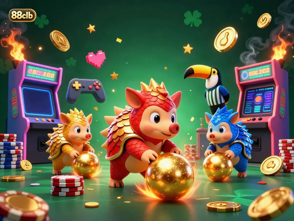 Engage in thrilling gameplay action at 88clb with pangolins bowling through colorful casino chips.