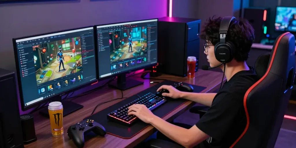 Gamer modifying mobile games using mod apk on high-end monitor.