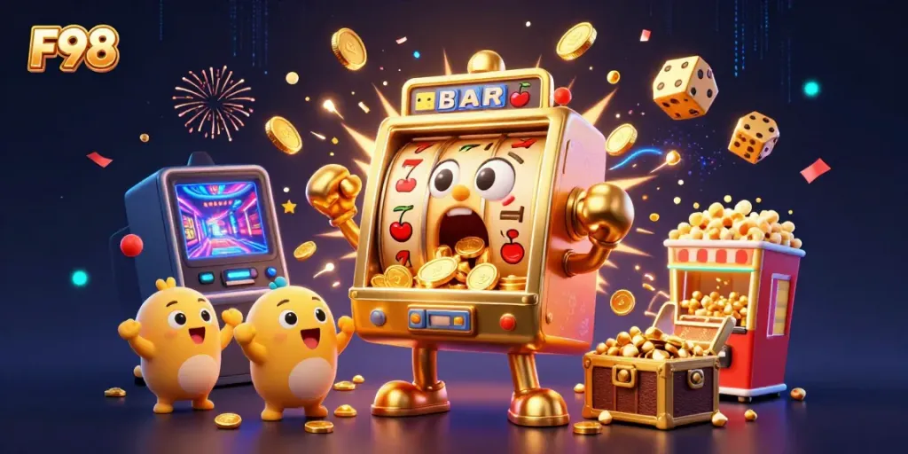 F98 slot machine character celebrating a jackpot with coins pouring out, lively casino scene.