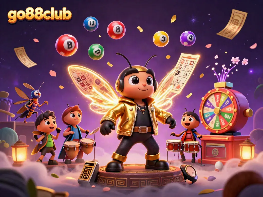 Engage with go88club's energetic online gaming scene featuring a rock star cicada and dynamic casino elements.