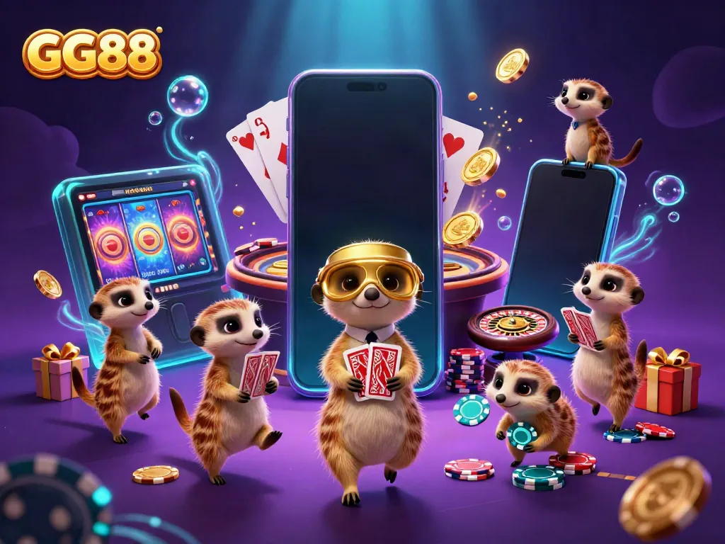 Experience an exciting GG88 casino scene with meerkats managing games, surrounded by dynamic gaming elements.