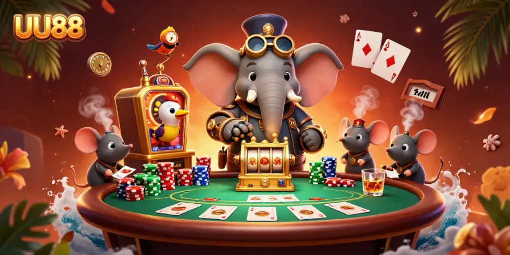 Experience thrilling gameplay at UU88 with a steampunk elephant engineer operating slot machines and poker tables.