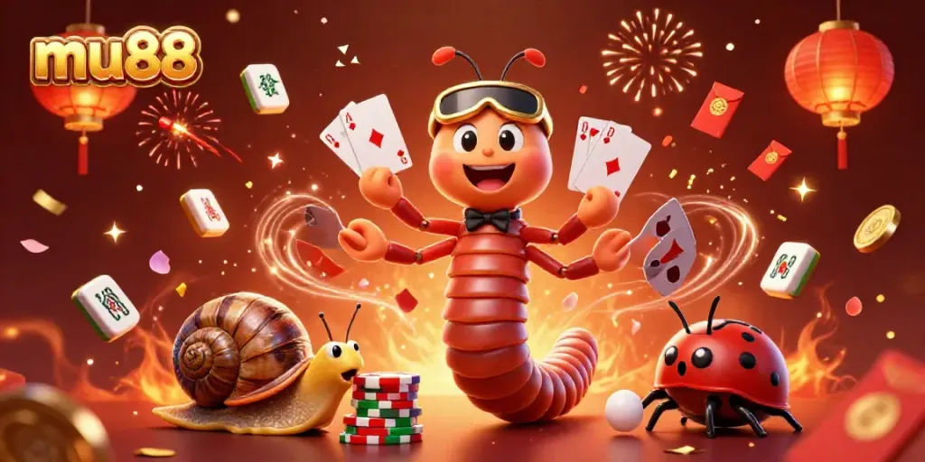Experience excitement at mu88 with a colorful 3D casino scene featuring a millipede dealer and high-roller.