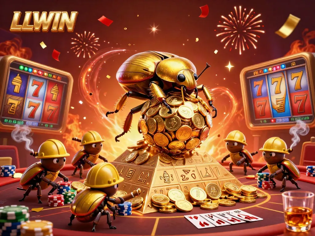 Engage with LLWIN's vibrant gaming experience featuring golden dung beetles in a rich casino environment.